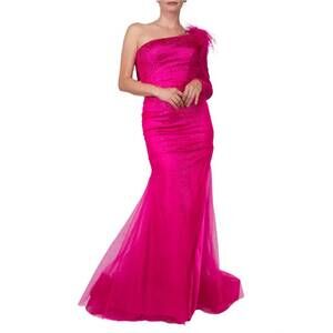 NEW COLORS DRESS one shoulder mesh long sleeve and feathers mermaid gown in hot
